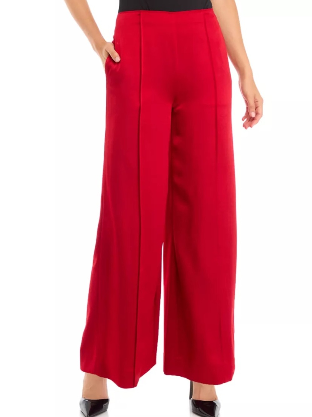 DKNY Red Satin Wide Leg Dress Pants Trouser Sz 2 High Rise Holiday Fluid